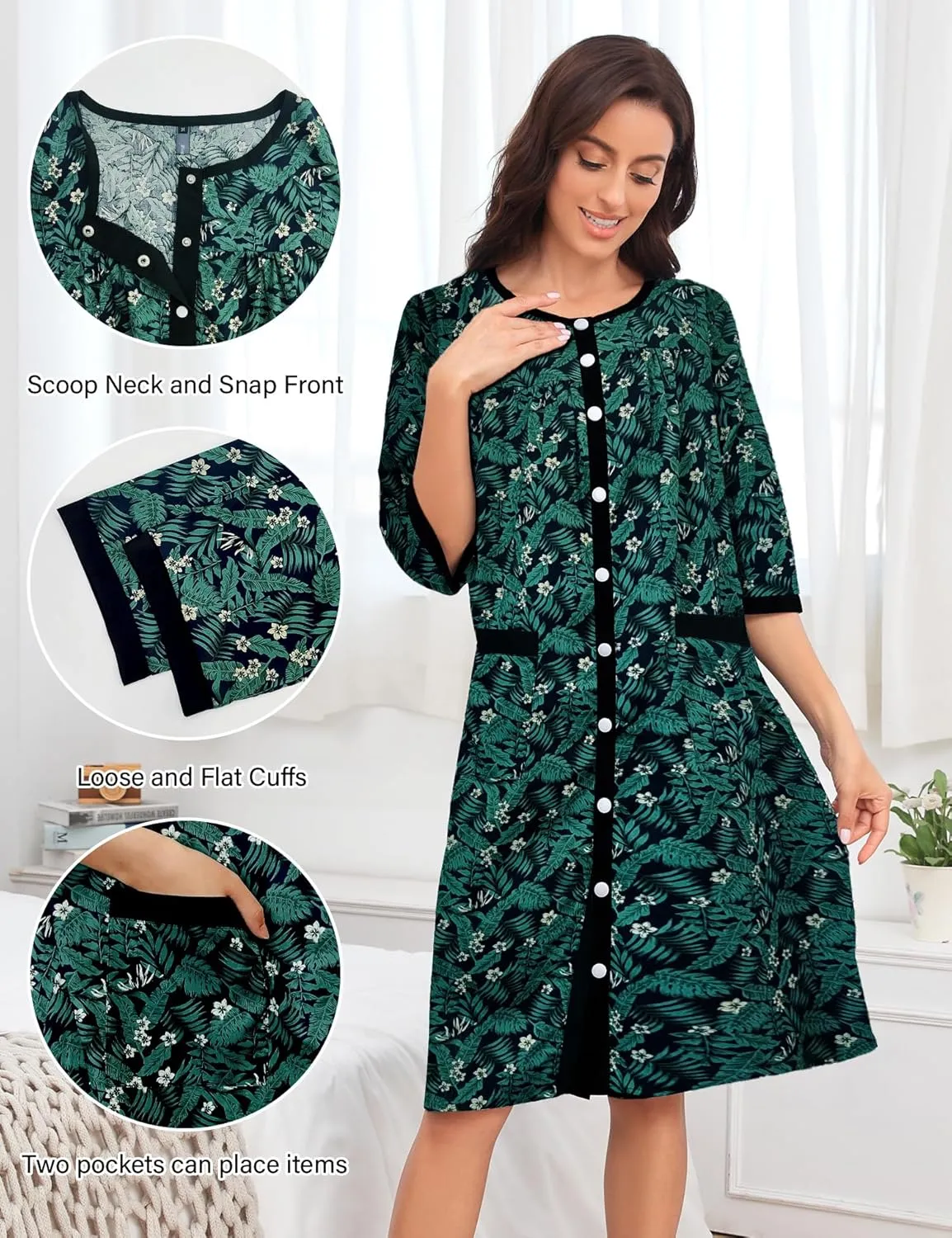 Bloggerlove House Dress Women Cotton Snap Front Nightgown 3/4 Sleeve Housecoat Duster Robe with Pockets Moomoo Patio Dress