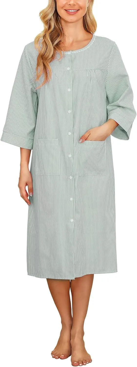 Bloggerlove House Dress Women Cotton Snap Front Nightgown 3/4 Sleeve Housecoat Duster Robe with Pockets Moomoo Patio Dress
