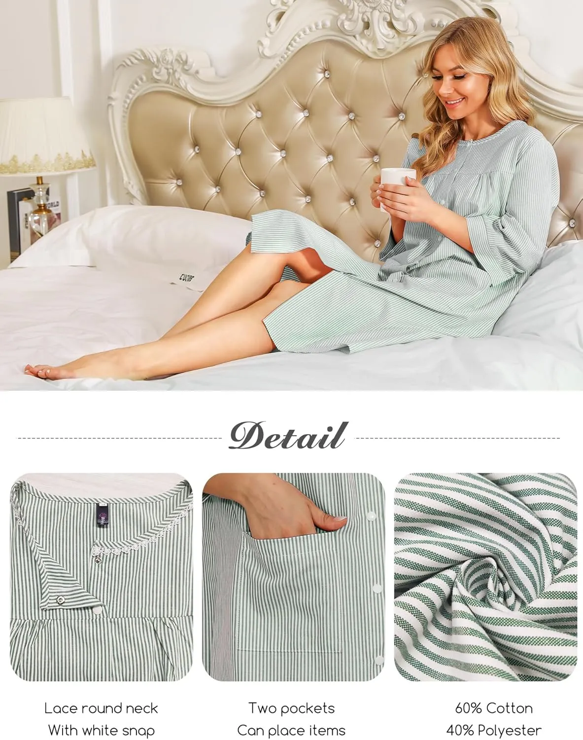Bloggerlove House Dress Women Cotton Snap Front Nightgown 3/4 Sleeve Housecoat Duster Robe with Pockets Moomoo Patio Dress