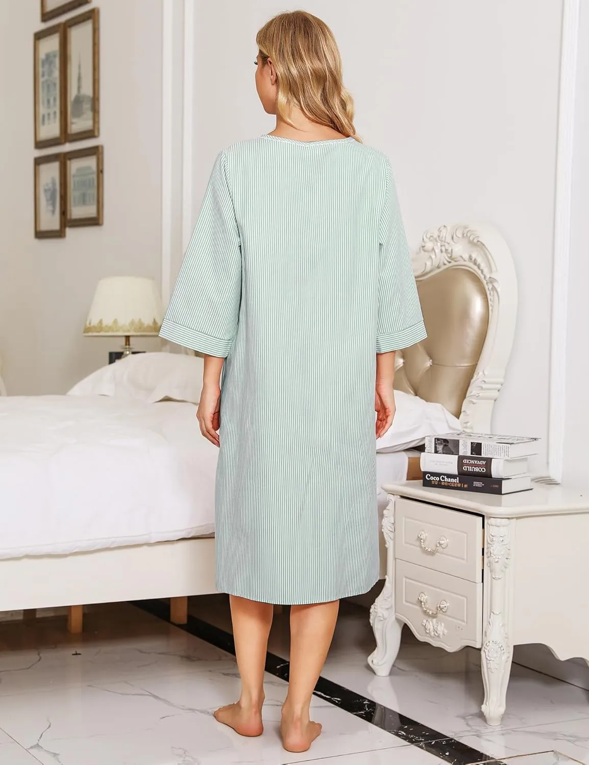 Bloggerlove House Dress Women Cotton Snap Front Nightgown 3/4 Sleeve Housecoat Duster Robe with Pockets Moomoo Patio Dress