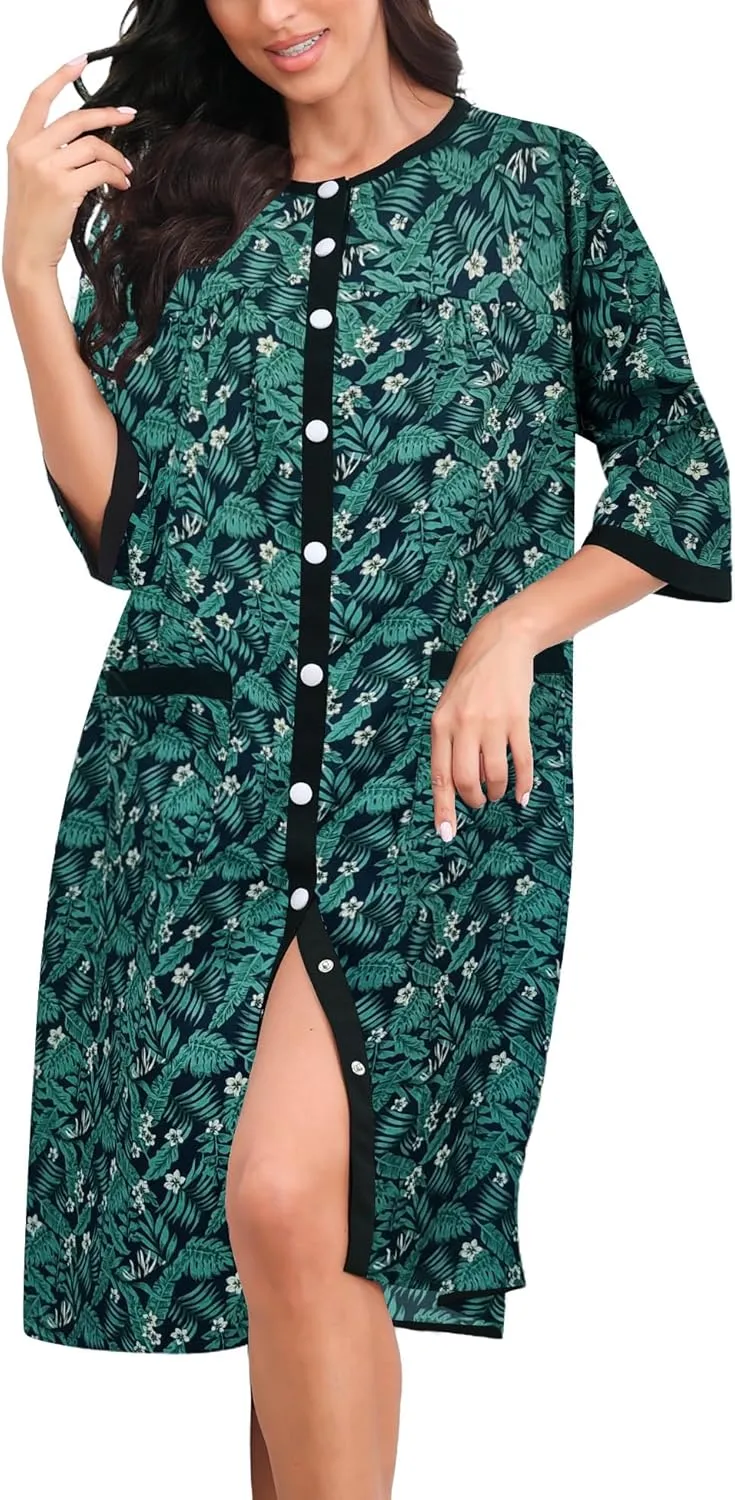 Bloggerlove House Dress Women Cotton Snap Front Nightgown 3/4 Sleeve Housecoat Duster Robe with Pockets Moomoo Patio Dress