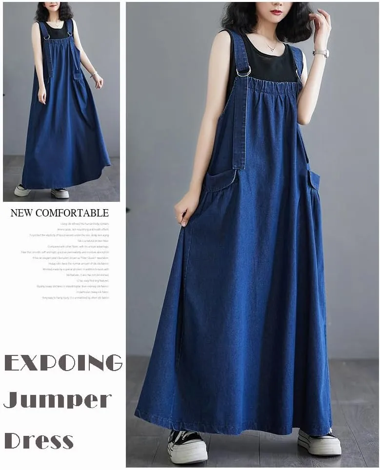 Boho Denim Overall Dress for Women Jean Overalls Skirt Jumper Pinafore Dresses Wide Hem Adjustable Straps Oversized