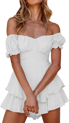 Boho off Shoulder Rompers for Women Dressy Lantern Long Sleeve Ruffle layer Back Tie Mini Shorts Jumpsuit