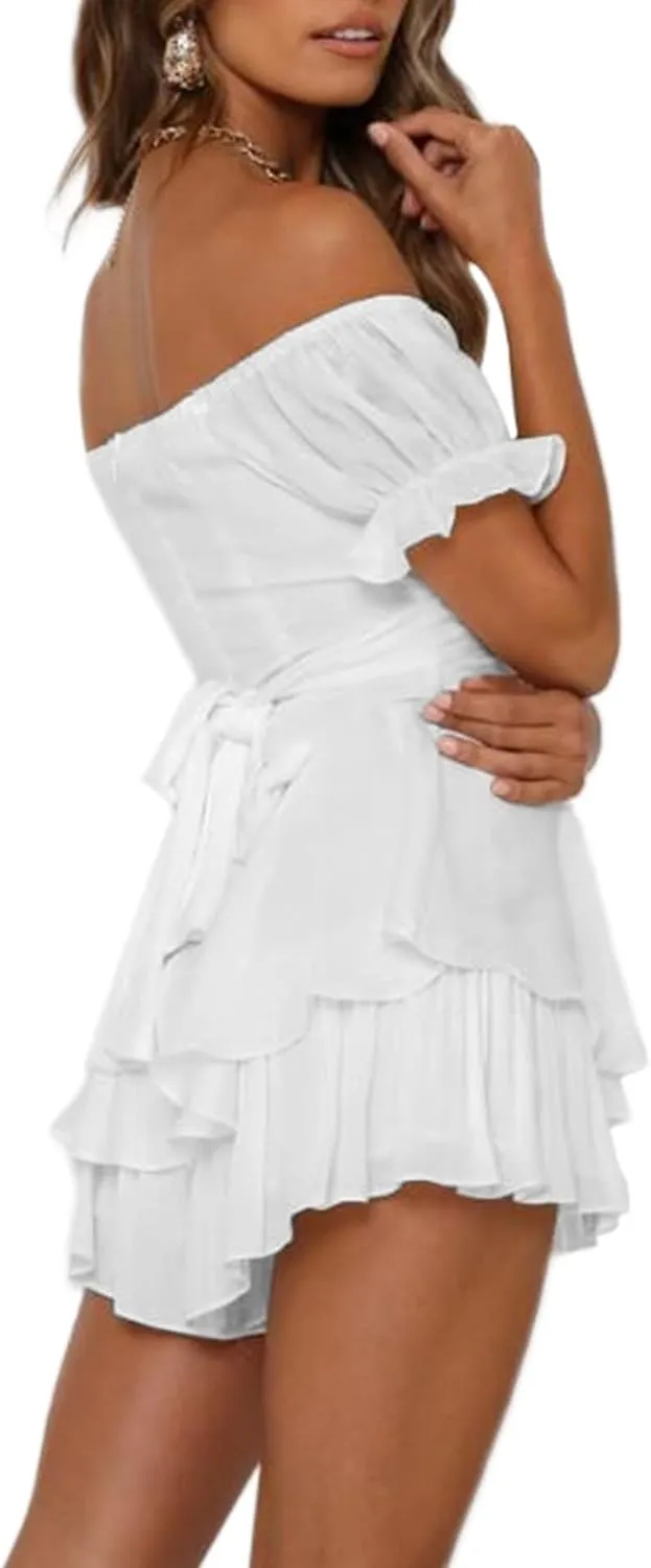 Boho off Shoulder Rompers for Women Dressy Lantern Long Sleeve Ruffle layer Back Tie Mini Shorts Jumpsuit