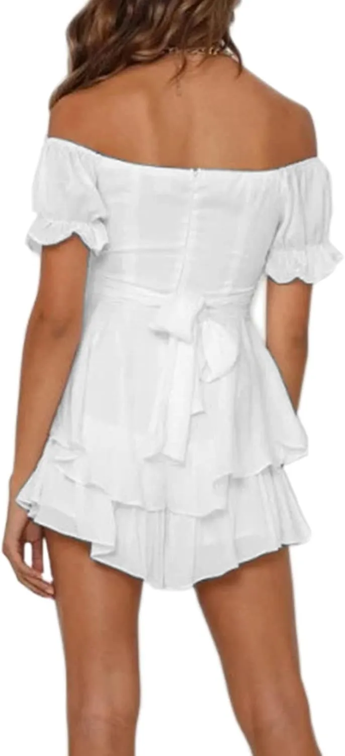 Boho off Shoulder Rompers for Women Dressy Lantern Long Sleeve Ruffle layer Back Tie Mini Shorts Jumpsuit