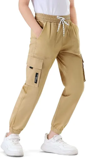 Boys Cargo Jogger Pants Kids Elastic Waist Hiking Pants Lightweight Outdoor Pants