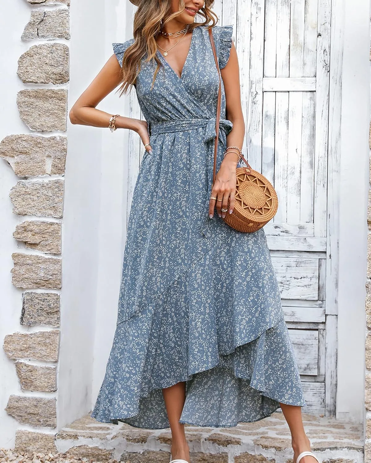 BTFBM Summer Floral Maxi Dress for Women 2025 Vacation Ruffle Sleeve V Neck Belt Wrap Spring Beach Wedding Guest Dresses