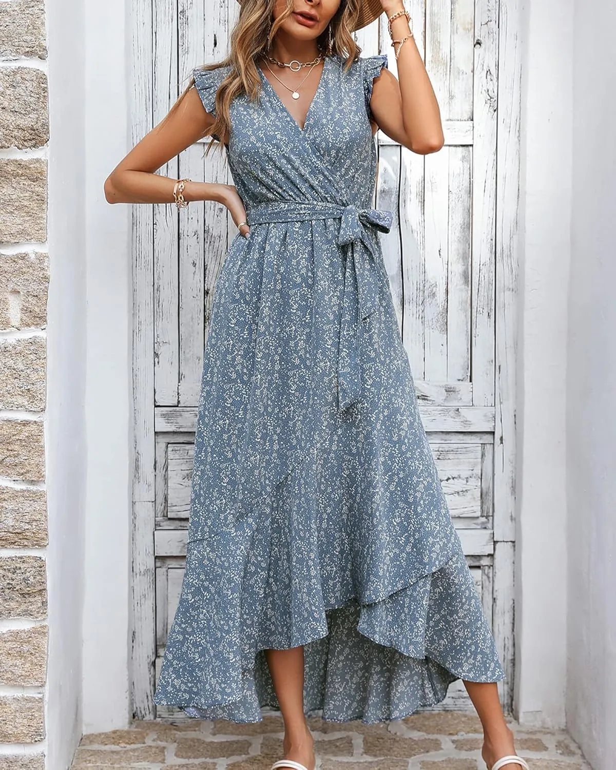 BTFBM Summer Floral Maxi Dress for Women 2025 Vacation Ruffle Sleeve V Neck Belt Wrap Spring Beach Wedding Guest Dresses