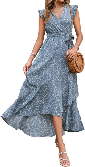 BTFBM Summer Floral Maxi Dress for Women 2025 Vacation Ruffle Sleeve V Neck Belt Wrap Spring Beach Wedding Guest Dresses