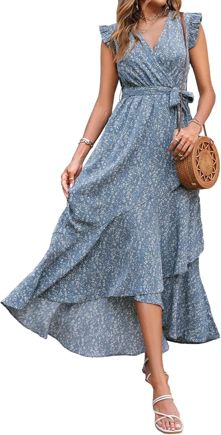 BTFBM Summer Floral Maxi Dress for Women 2025 Vacation Ruffle Sleeve V Neck Belt Wrap Spring Beach Wedding Guest Dresses