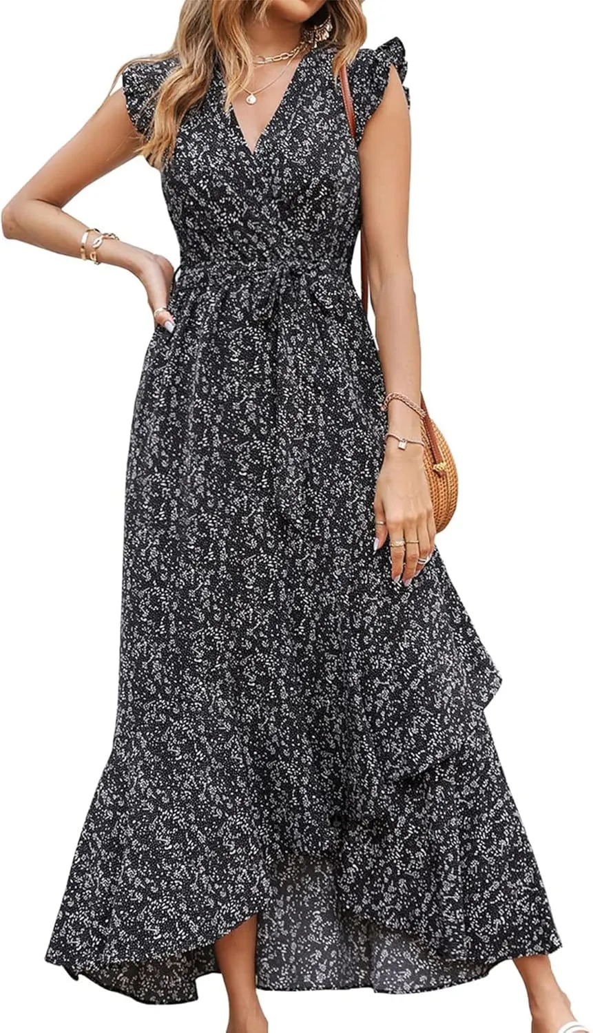 BTFBM Summer Floral Maxi Dress for Women 2025 Vacation Ruffle Sleeve V Neck Belt Wrap Spring Beach Wedding Guest Dresses