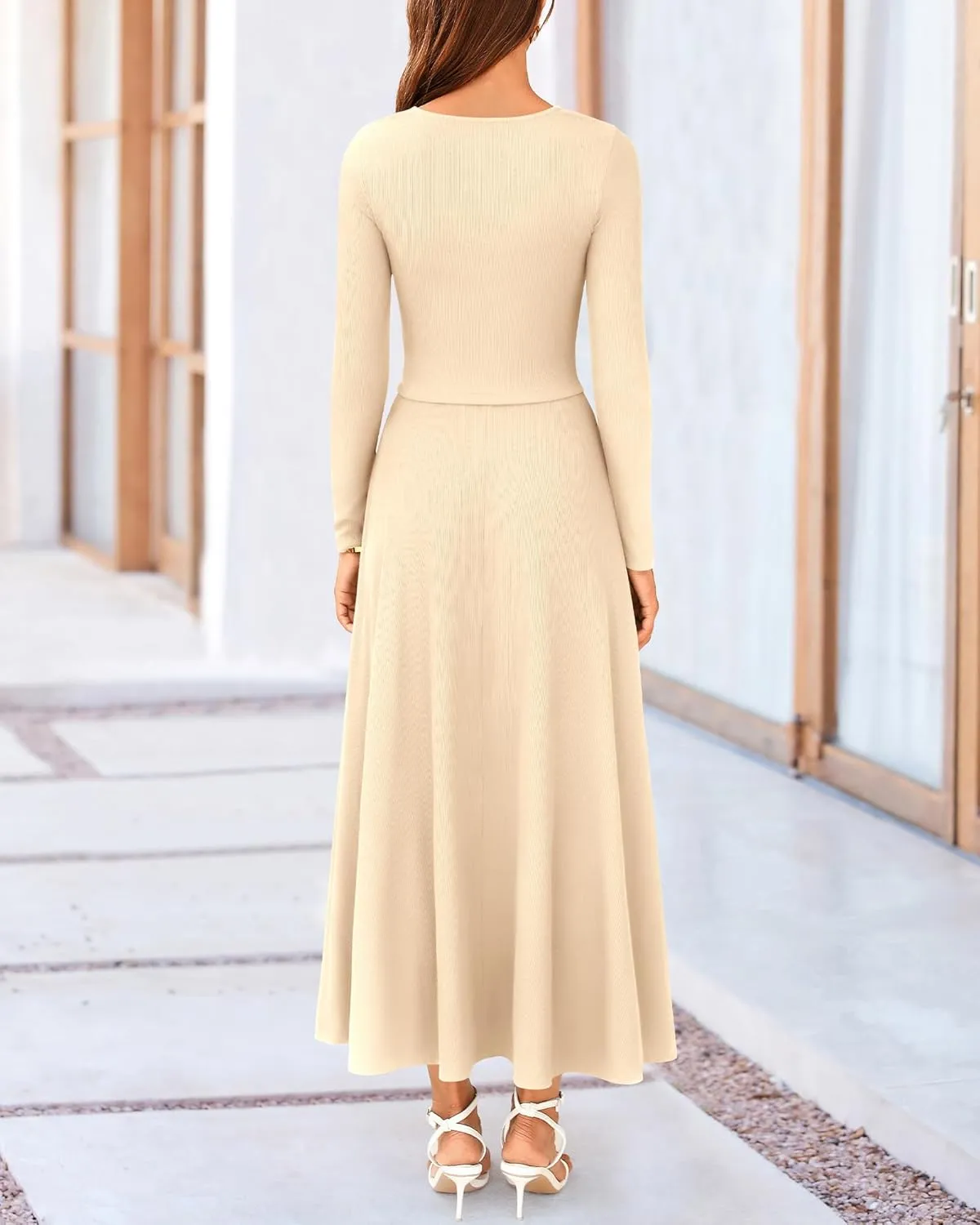 BTFBM Two Piece Skirt Sets For Women 2024 Trendy Fall Outfits Ribbed Knit Long Sleeve Crop Top Flowy Maxi Skirt Set