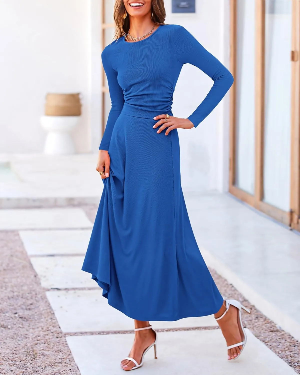 BTFBM Two Piece Skirt Sets For Women 2024 Trendy Fall Outfits Ribbed Knit Long Sleeve Crop Top Flowy Maxi Skirt Set