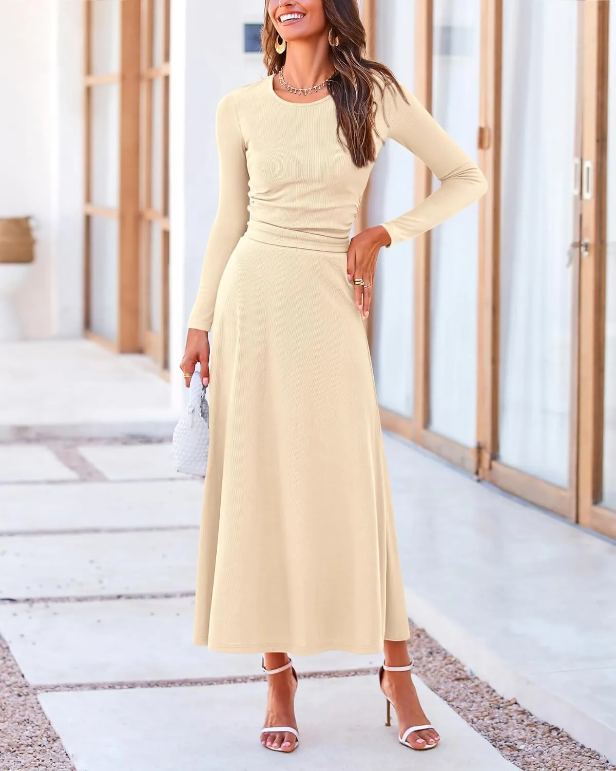 BTFBM Two Piece Skirt Sets For Women 2024 Trendy Fall Outfits Ribbed Knit Long Sleeve Crop Top Flowy Maxi Skirt Set