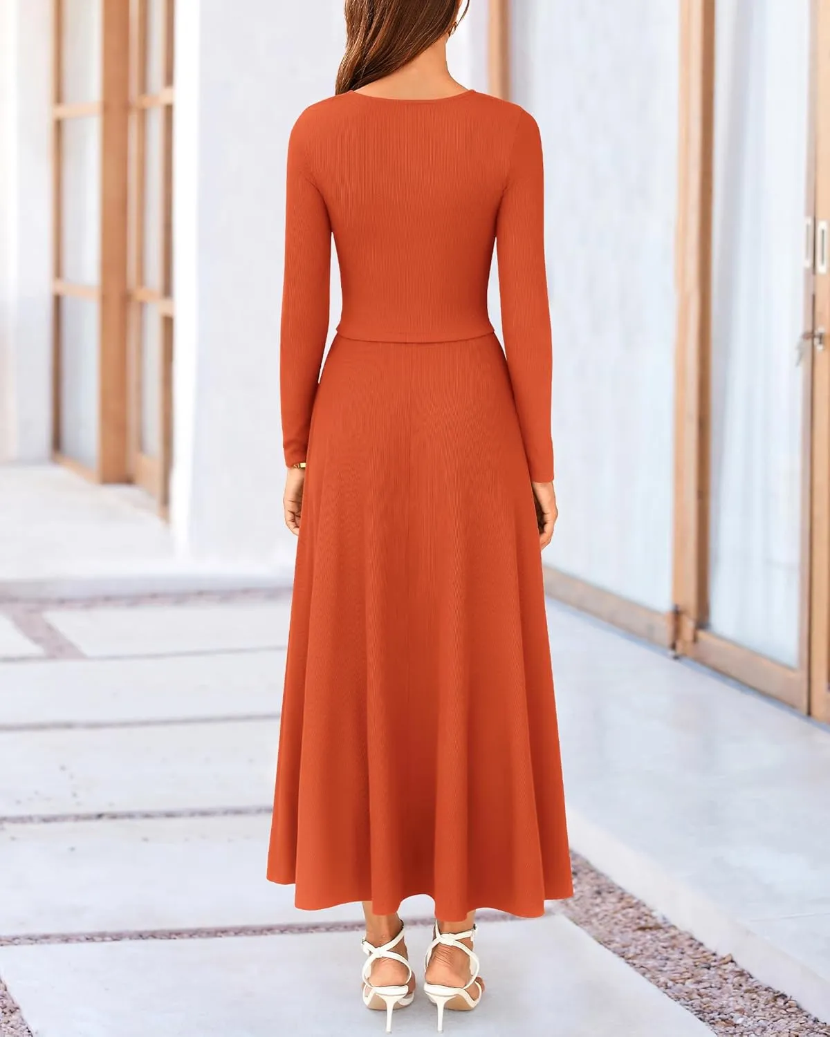 BTFBM Two Piece Skirt Sets For Women 2024 Trendy Fall Outfits Ribbed Knit Long Sleeve Crop Top Flowy Maxi Skirt Set