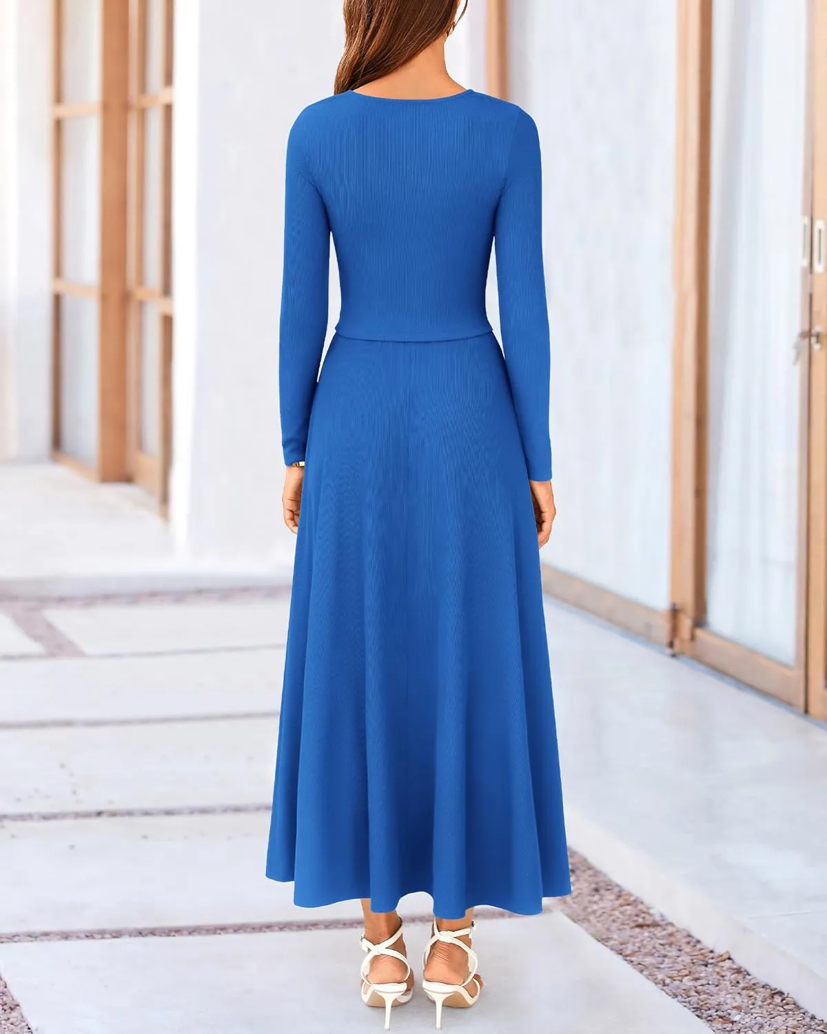 BTFBM Two Piece Skirt Sets For Women 2024 Trendy Fall Outfits Ribbed Knit Long Sleeve Crop Top Flowy Maxi Skirt Set