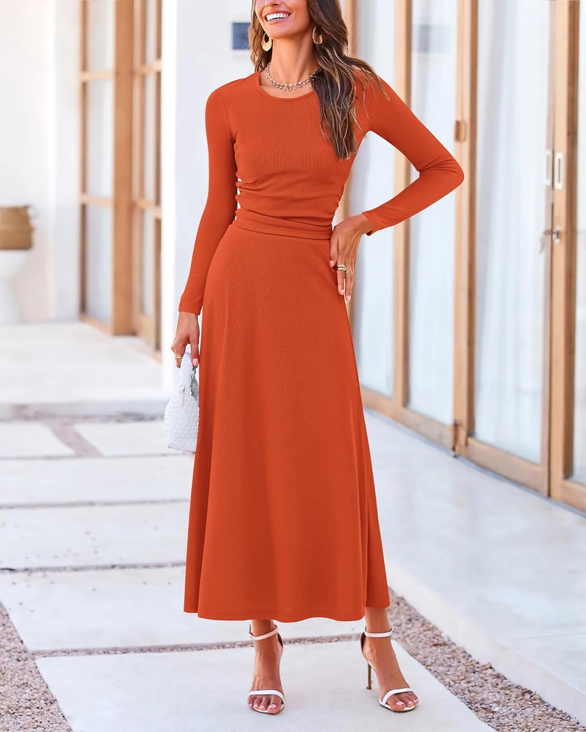 BTFBM Two Piece Skirt Sets For Women 2024 Trendy Fall Outfits Ribbed Knit Long Sleeve Crop Top Flowy Maxi Skirt Set