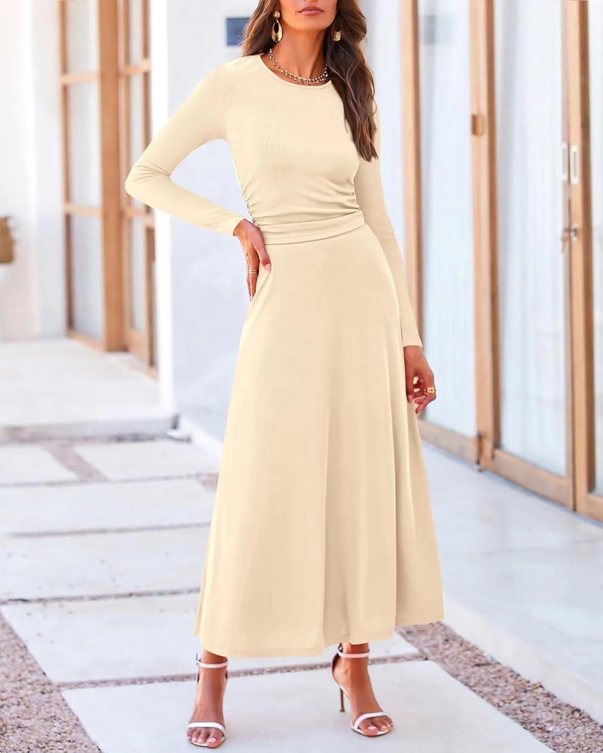 BTFBM Two Piece Skirt Sets For Women 2024 Trendy Fall Outfits Ribbed Knit Long Sleeve Crop Top Flowy Maxi Skirt Set
