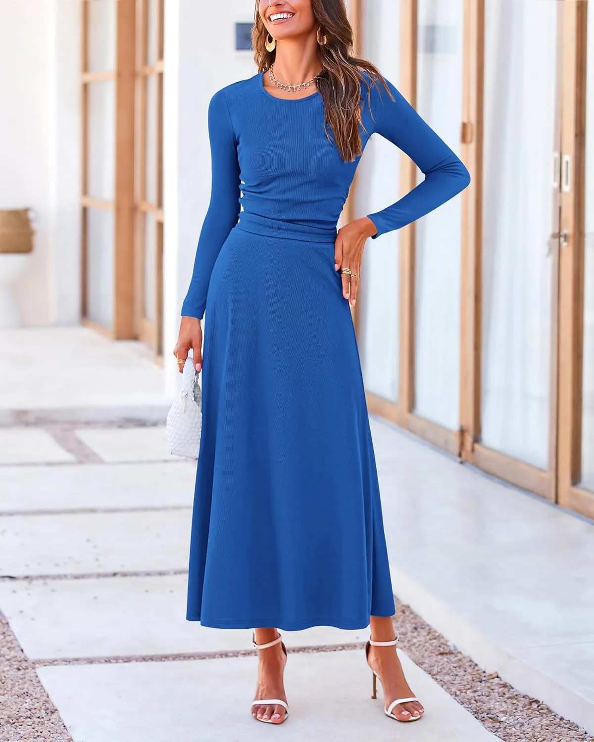 BTFBM Two Piece Skirt Sets For Women 2024 Trendy Fall Outfits Ribbed Knit Long Sleeve Crop Top Flowy Maxi Skirt Set