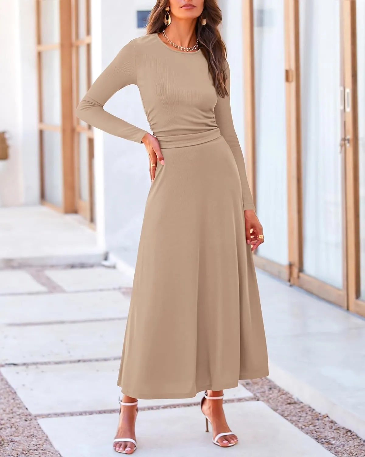BTFBM Two Piece Skirt Sets For Women 2024 Trendy Fall Outfits Ribbed Knit Long Sleeve Crop Top Flowy Maxi Skirt Set