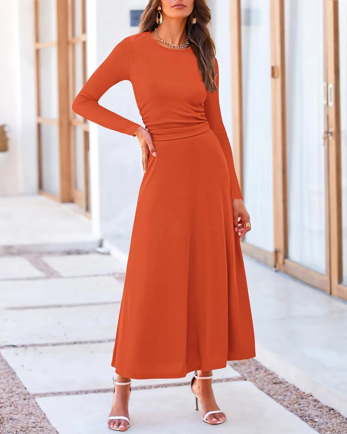 BTFBM Two Piece Skirt Sets For Women 2024 Trendy Fall Outfits Ribbed Knit Long Sleeve Crop Top Flowy Maxi Skirt Set