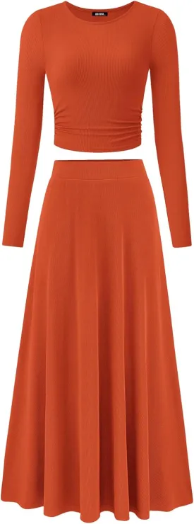 BTFBM Two Piece Skirt Sets For Women 2024 Trendy Fall Outfits Ribbed Knit Long Sleeve Crop Top Flowy Maxi Skirt Set