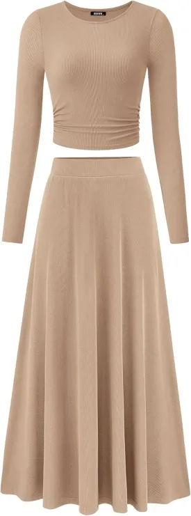 BTFBM Two Piece Skirt Sets For Women 2024 Trendy Fall Outfits Ribbed Knit Long Sleeve Crop Top Flowy Maxi Skirt Set