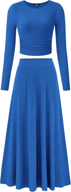BTFBM Two Piece Skirt Sets For Women 2024 Trendy Fall Outfits Ribbed Knit Long Sleeve Crop Top Flowy Maxi Skirt Set