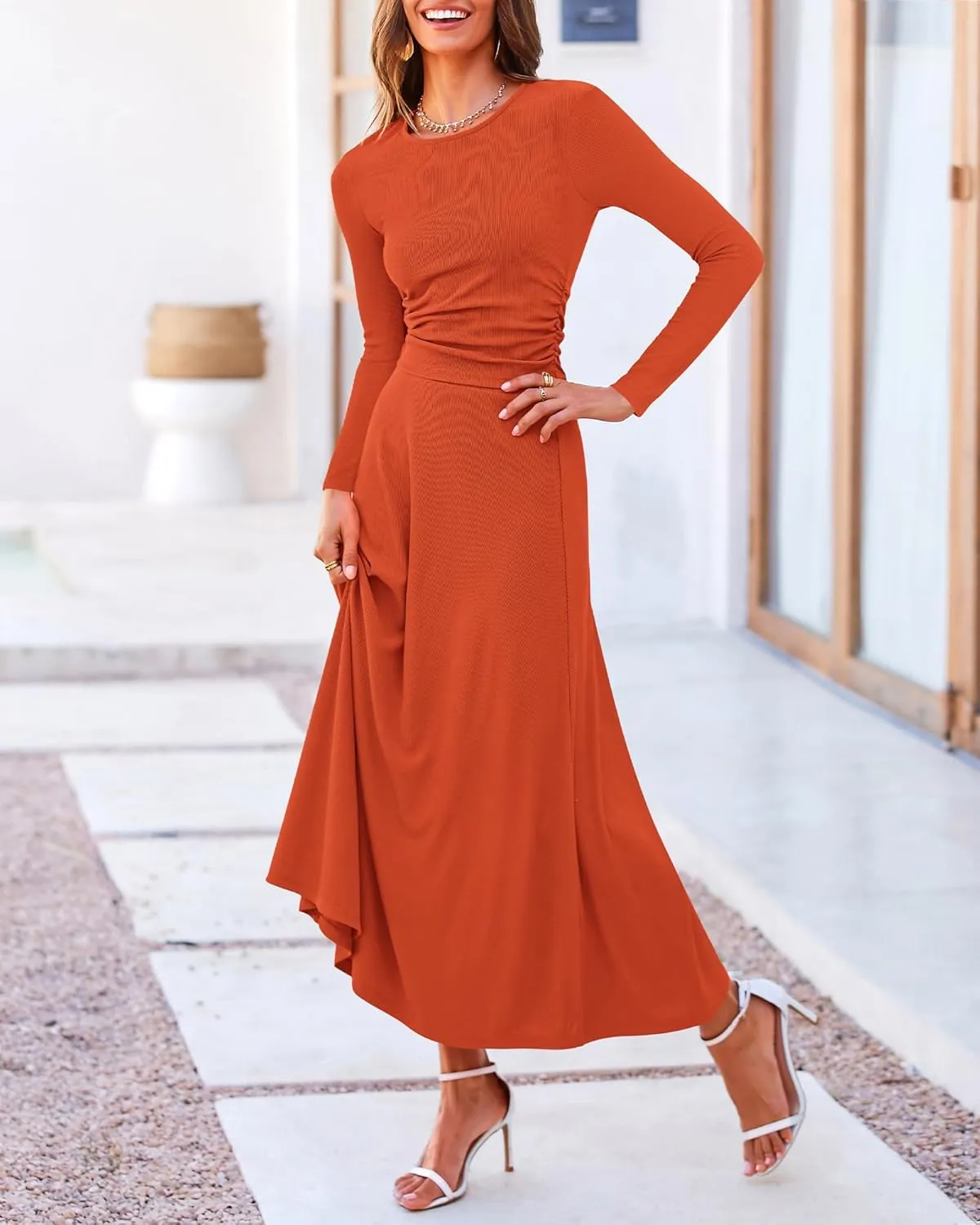 BTFBM Two Piece Skirt Sets For Women 2024 Trendy Fall Outfits Ribbed Knit Long Sleeve Crop Top Flowy Maxi Skirt Set