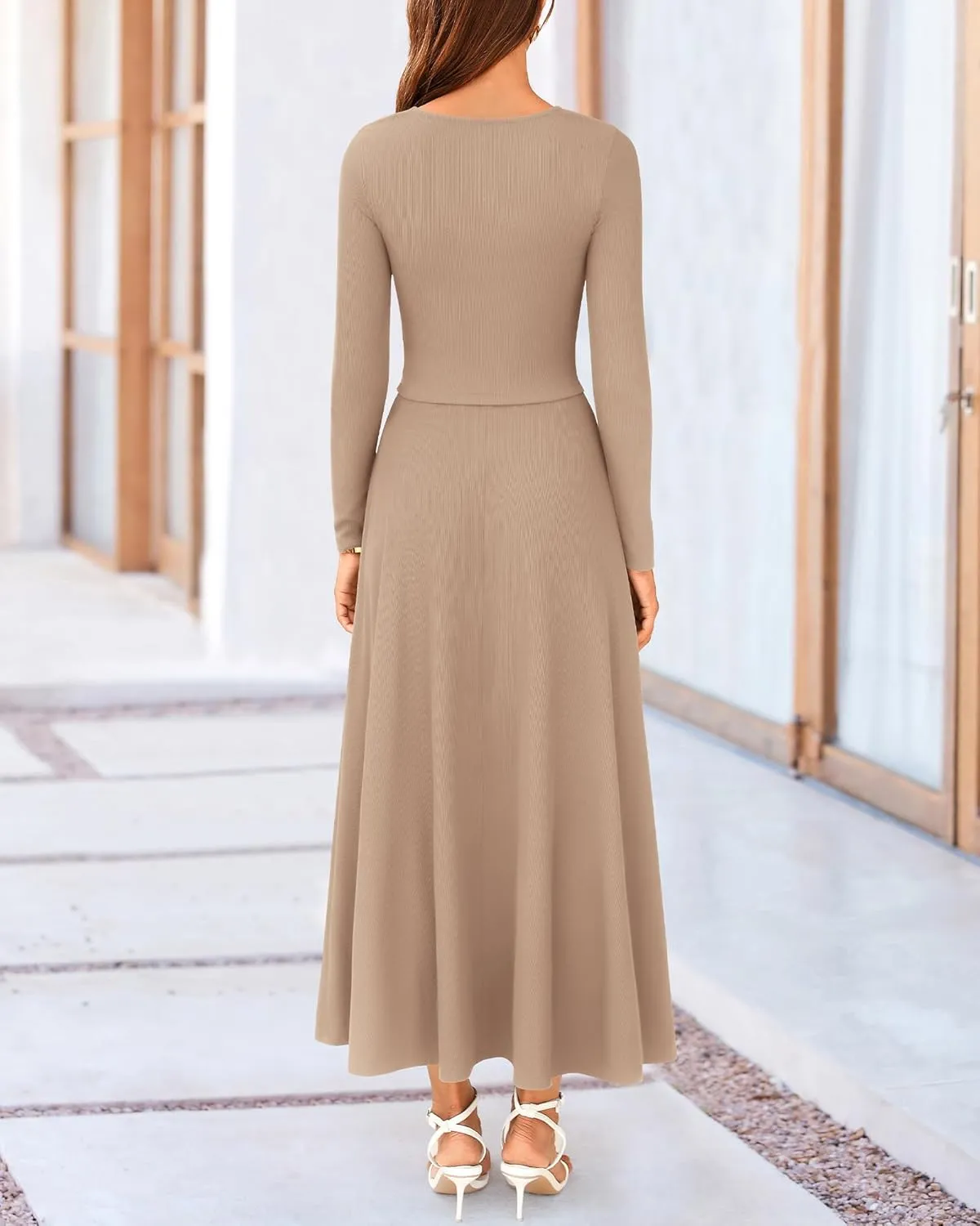 BTFBM Two Piece Skirt Sets For Women 2024 Trendy Fall Outfits Ribbed Knit Long Sleeve Crop Top Flowy Maxi Skirt Set