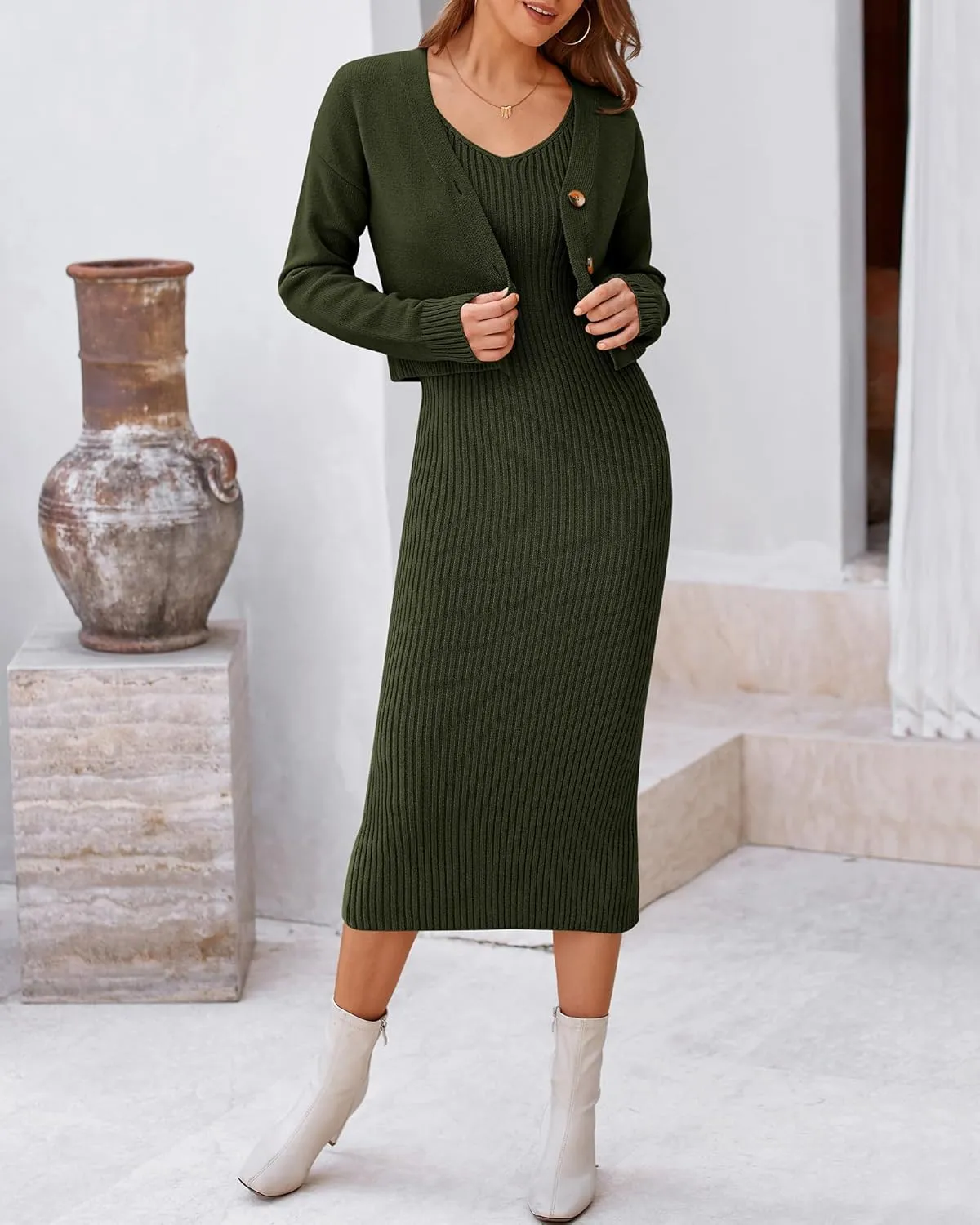 BTFBM Women Fall Knit Sweater Dress Set Bodycon Slit Midi Dresses Button Down Long Sleeve Cropped Cardigan 2 Piece Sets