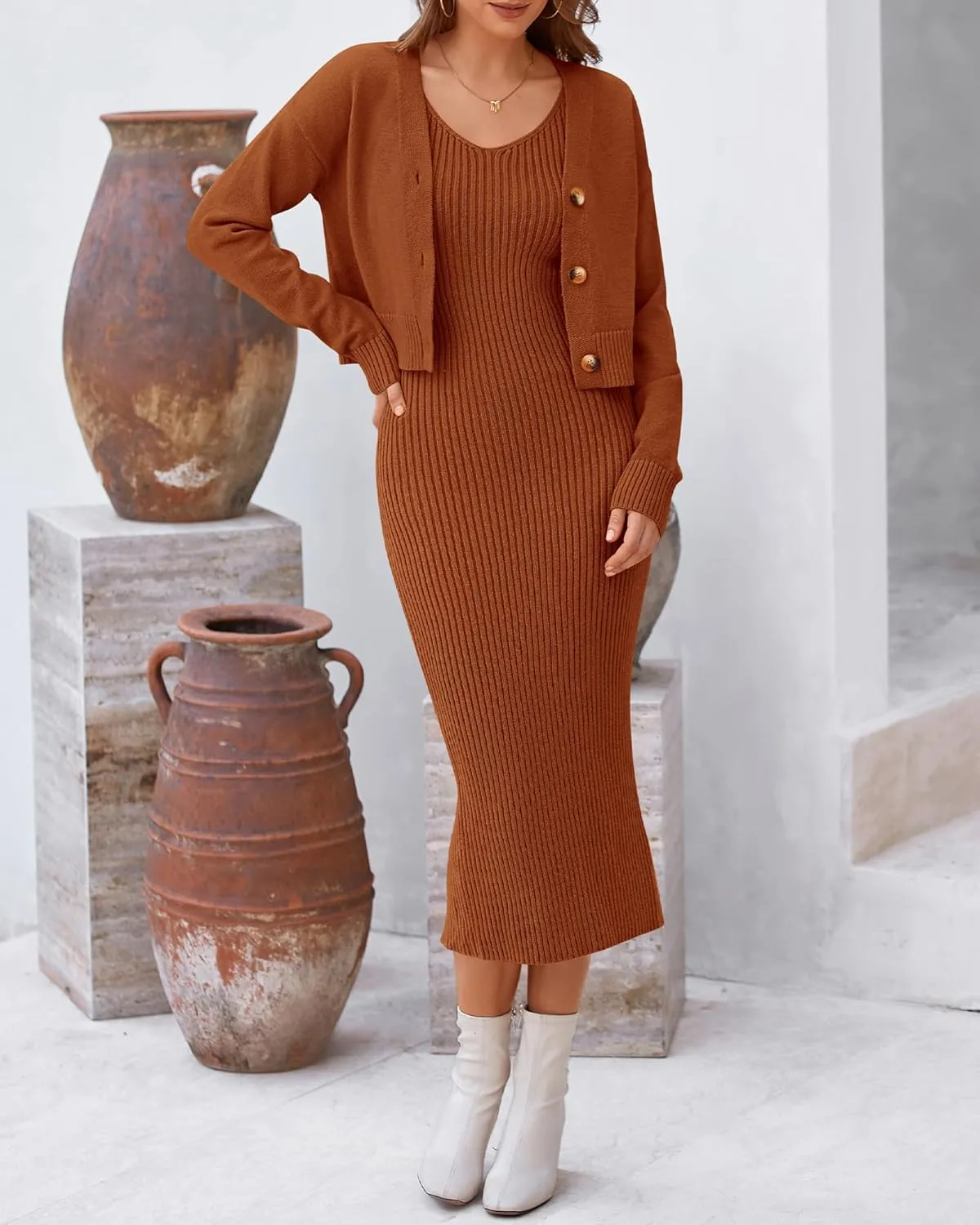 BTFBM Women Fall Knit Sweater Dress Set Bodycon Slit Midi Dresses Button Down Long Sleeve Cropped Cardigan 2 Piece Sets