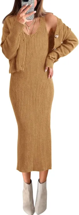 BTFBM Women Fall Knit Sweater Dress Set Bodycon Slit Midi Dresses Button Down Long Sleeve Cropped Cardigan 2 Piece Sets