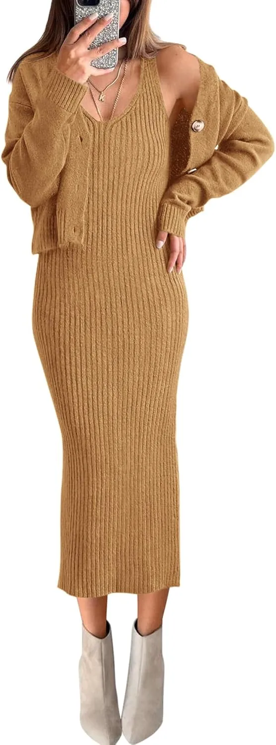 BTFBM Women Fall Knit Sweater Dress Set Bodycon Slit Midi Dresses Button Down Long Sleeve Cropped Cardigan 2 Piece Sets