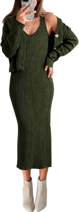 BTFBM Women Fall Knit Sweater Dress Set Bodycon Slit Midi Dresses Button Down Long Sleeve Cropped Cardigan 2 Piece Sets