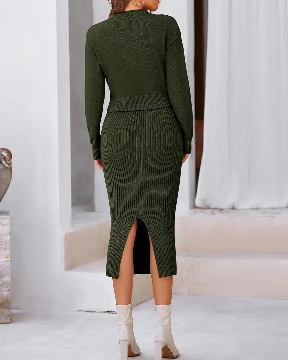 BTFBM Women Fall Knit Sweater Dress Set Bodycon Slit Midi Dresses Button Down Long Sleeve Cropped Cardigan 2 Piece Sets