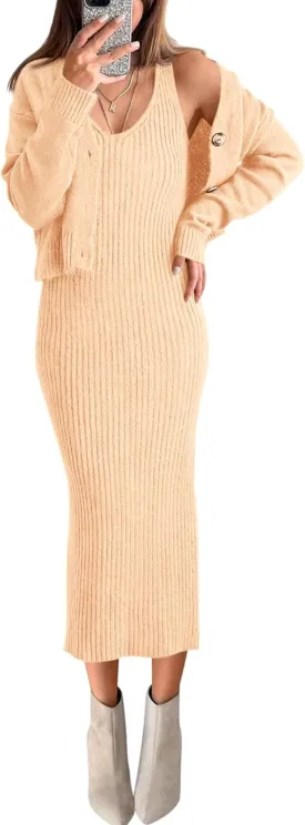 BTFBM Women Fall Knit Sweater Dress Set Bodycon Slit Midi Dresses Button Down Long Sleeve Cropped Cardigan 2 Piece Sets
