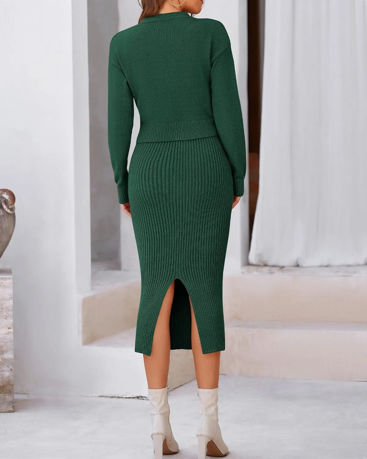 BTFBM Women Fall Knit Sweater Dress Set Bodycon Slit Midi Dresses Button Down Long Sleeve Cropped Cardigan 2 Piece Sets