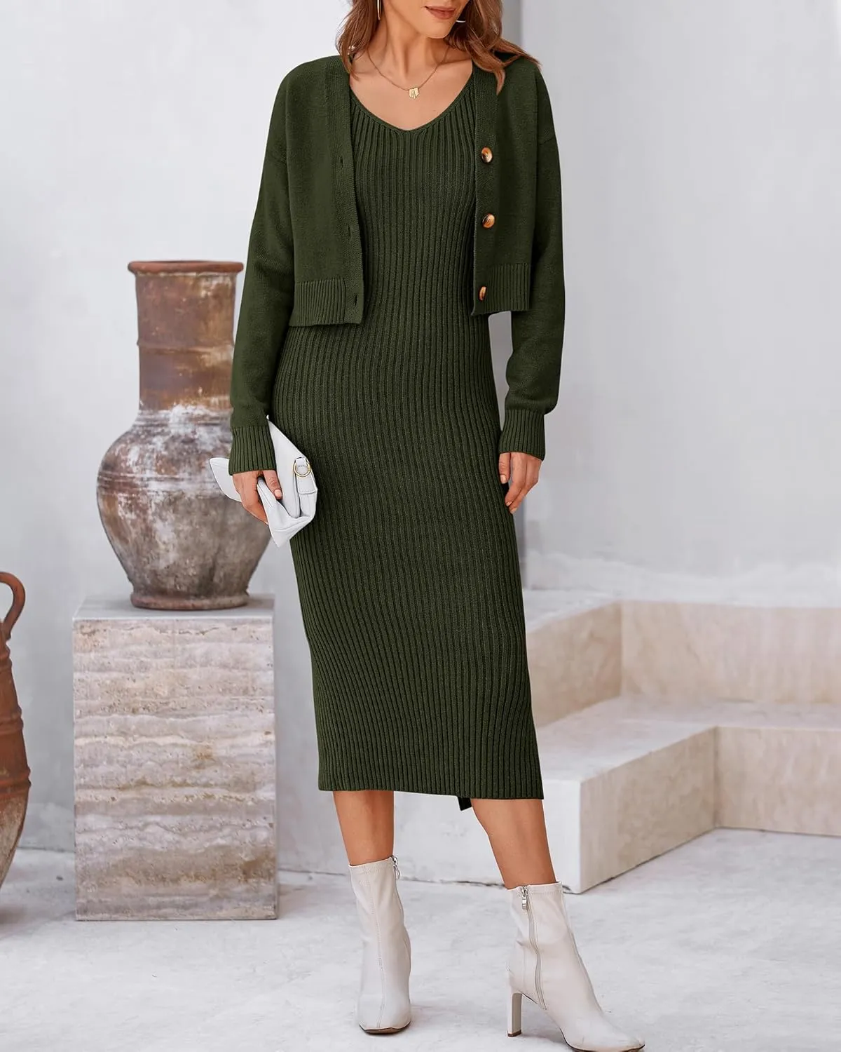BTFBM Women Fall Knit Sweater Dress Set Bodycon Slit Midi Dresses Button Down Long Sleeve Cropped Cardigan 2 Piece Sets