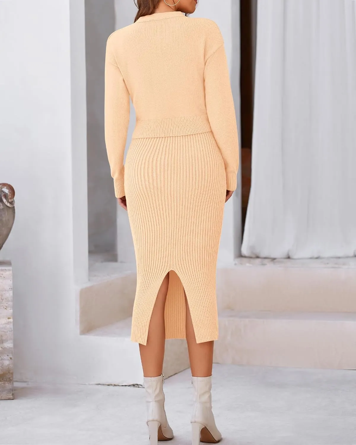 BTFBM Women Fall Knit Sweater Dress Set Bodycon Slit Midi Dresses Button Down Long Sleeve Cropped Cardigan 2 Piece Sets