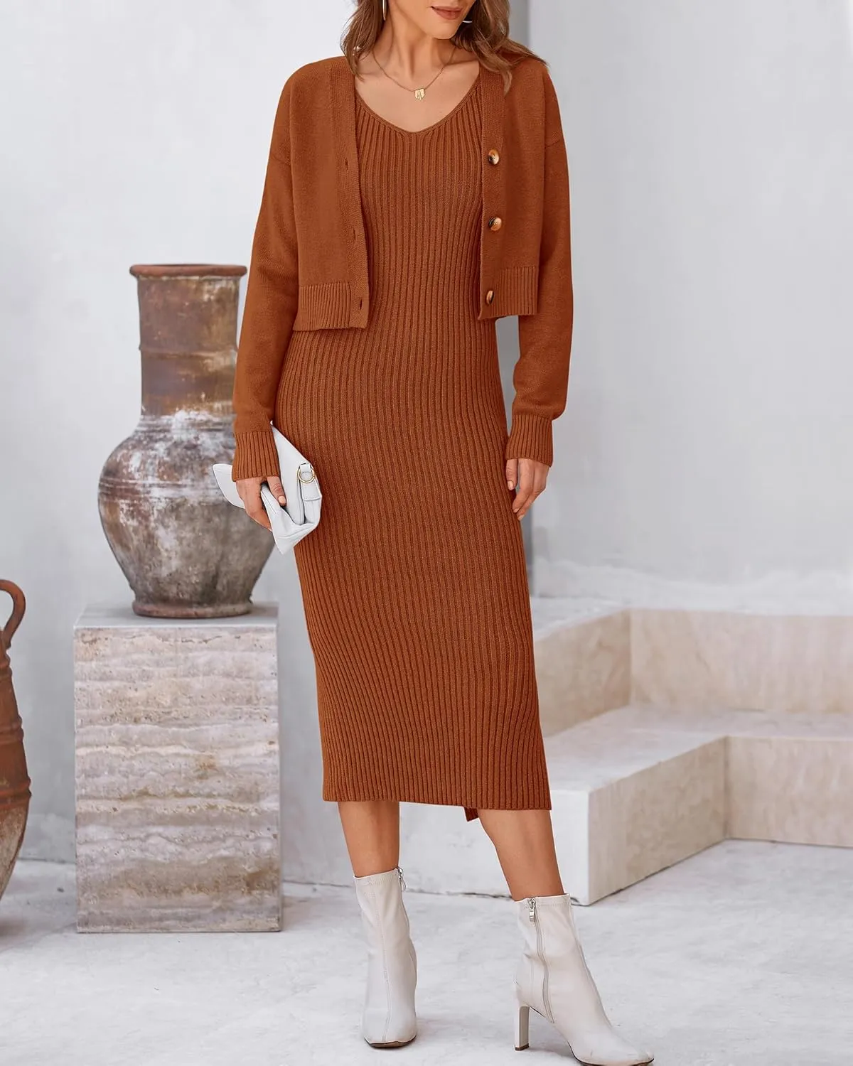 BTFBM Women Fall Knit Sweater Dress Set Bodycon Slit Midi Dresses Button Down Long Sleeve Cropped Cardigan 2 Piece Sets