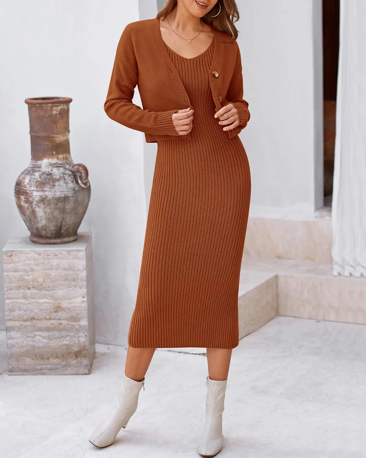 BTFBM Women Fall Knit Sweater Dress Set Bodycon Slit Midi Dresses Button Down Long Sleeve Cropped Cardigan 2 Piece Sets