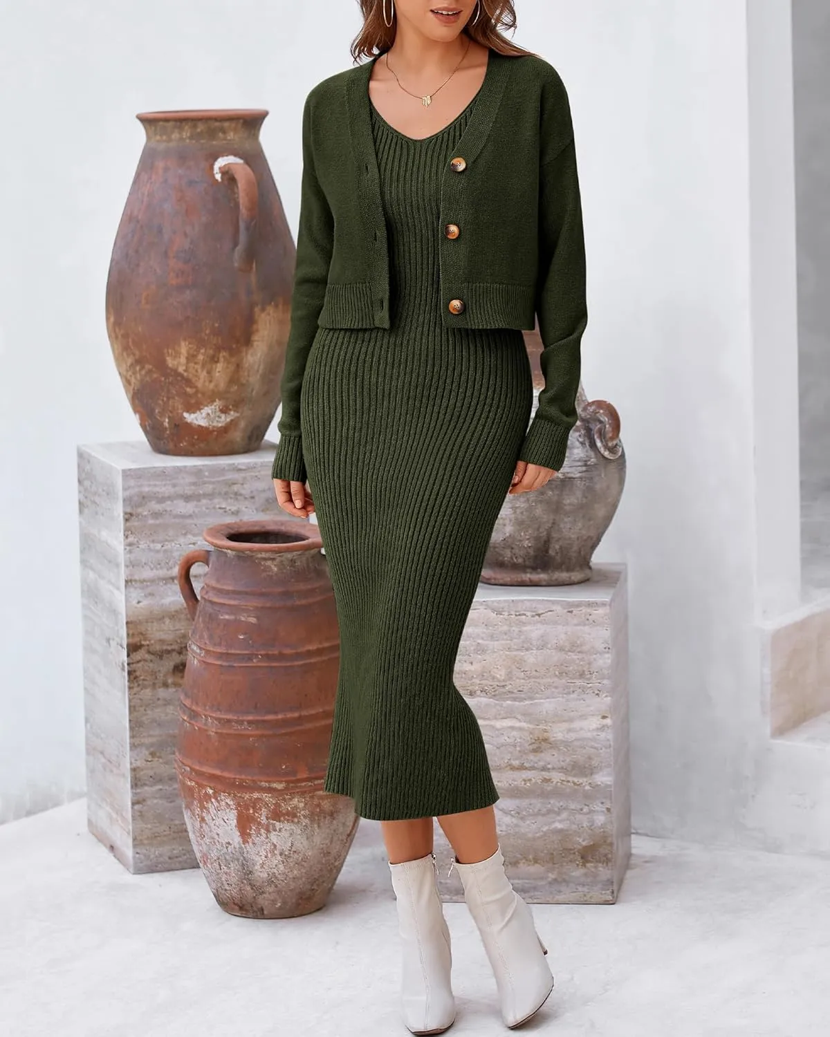BTFBM Women Fall Knit Sweater Dress Set Bodycon Slit Midi Dresses Button Down Long Sleeve Cropped Cardigan 2 Piece Sets
