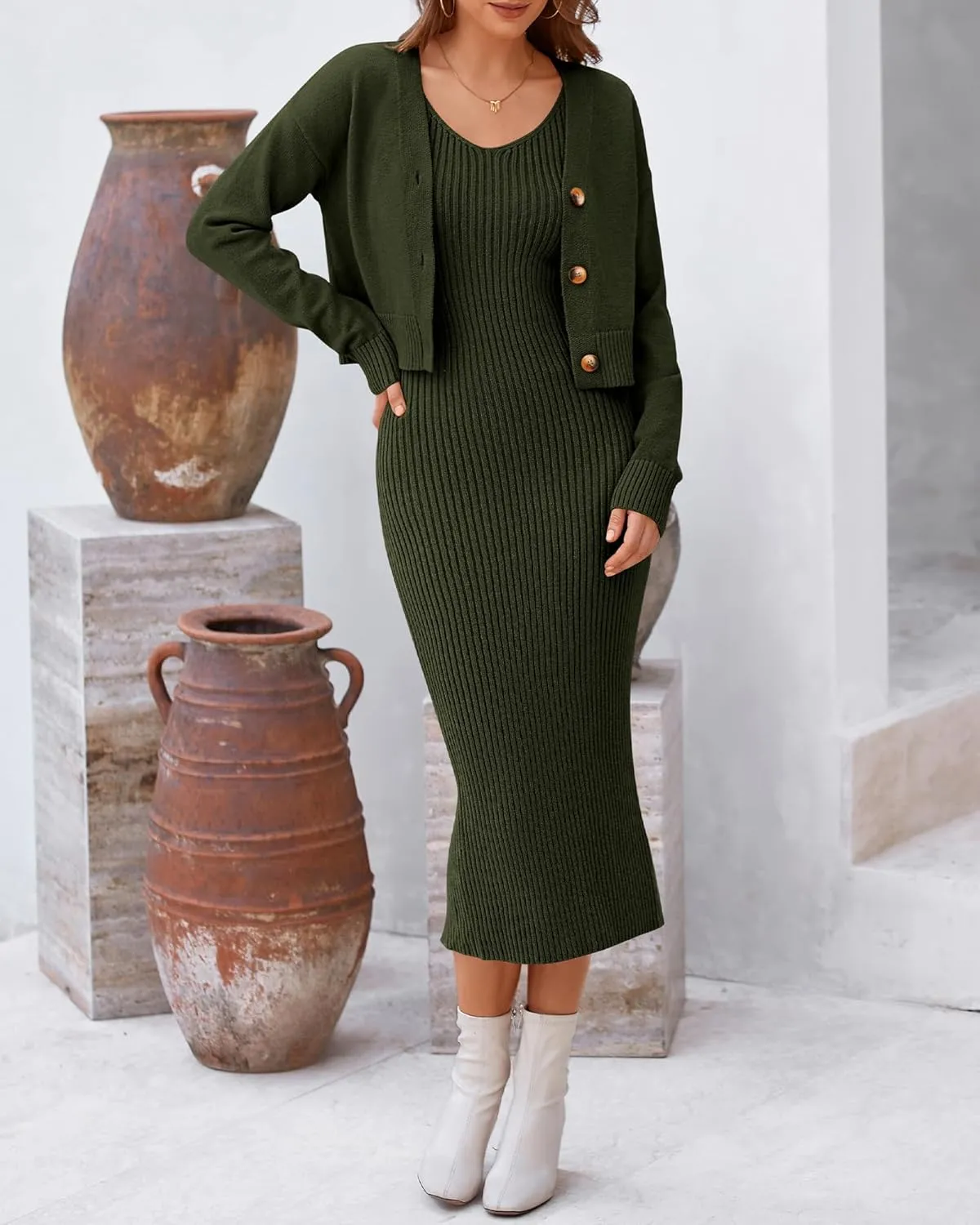 BTFBM Women Fall Knit Sweater Dress Set Bodycon Slit Midi Dresses Button Down Long Sleeve Cropped Cardigan 2 Piece Sets