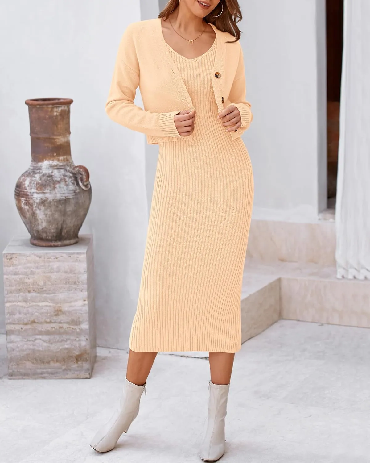 BTFBM Women Fall Knit Sweater Dress Set Bodycon Slit Midi Dresses Button Down Long Sleeve Cropped Cardigan 2 Piece Sets