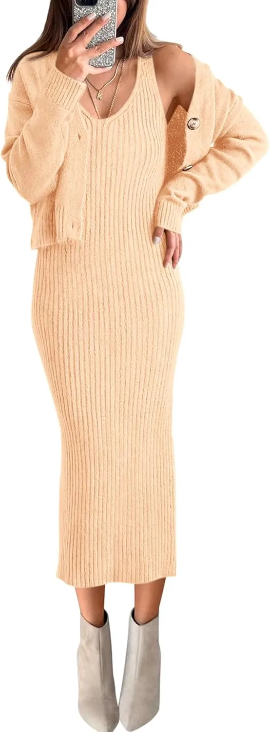 BTFBM Women Fall Knit Sweater Dress Set Bodycon Slit Midi Dresses Button Down Long Sleeve Cropped Cardigan 2 Piece Sets
