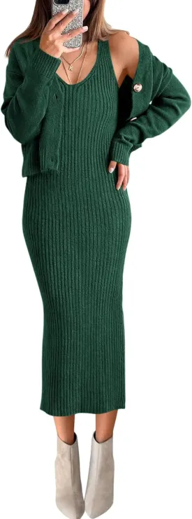 BTFBM Women Fall Knit Sweater Dress Set Bodycon Slit Midi Dresses Button Down Long Sleeve Cropped Cardigan 2 Piece Sets