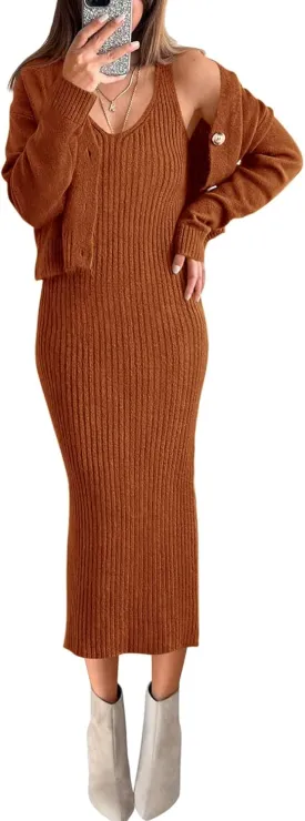 BTFBM Women Fall Knit Sweater Dress Set Bodycon Slit Midi Dresses Button Down Long Sleeve Cropped Cardigan 2 Piece Sets