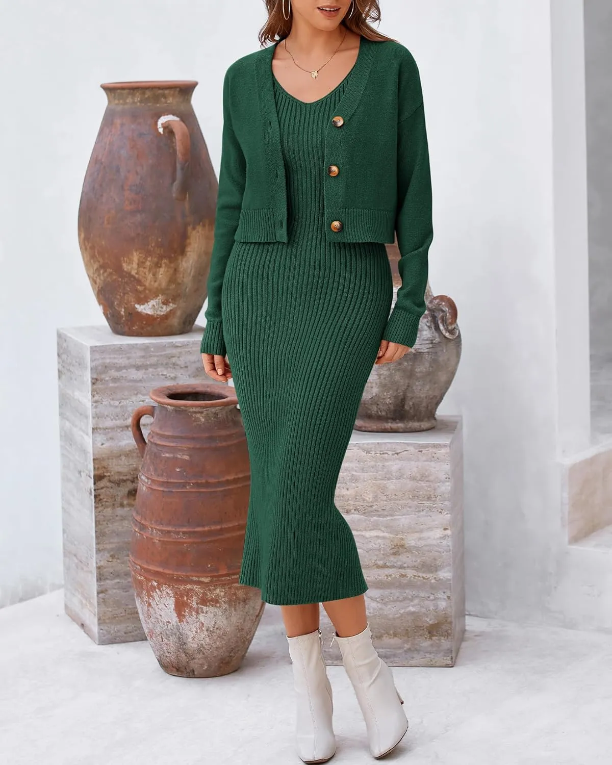 BTFBM Women Fall Knit Sweater Dress Set Bodycon Slit Midi Dresses Button Down Long Sleeve Cropped Cardigan 2 Piece Sets