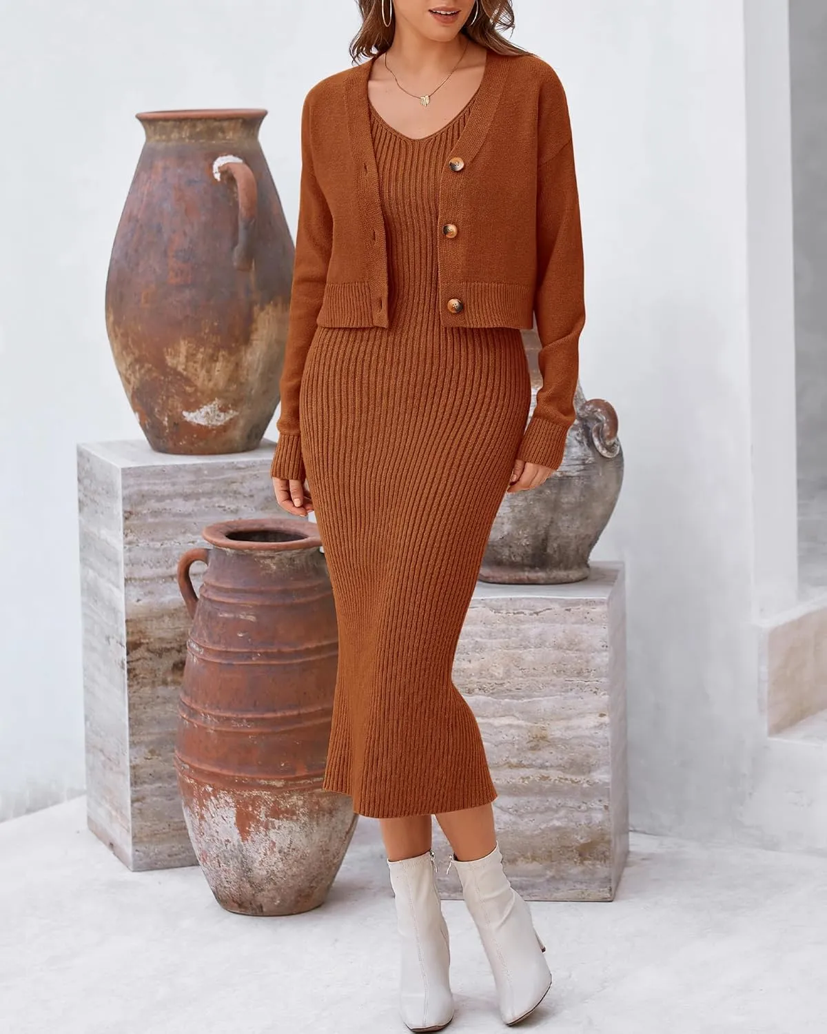BTFBM Women Fall Knit Sweater Dress Set Bodycon Slit Midi Dresses Button Down Long Sleeve Cropped Cardigan 2 Piece Sets